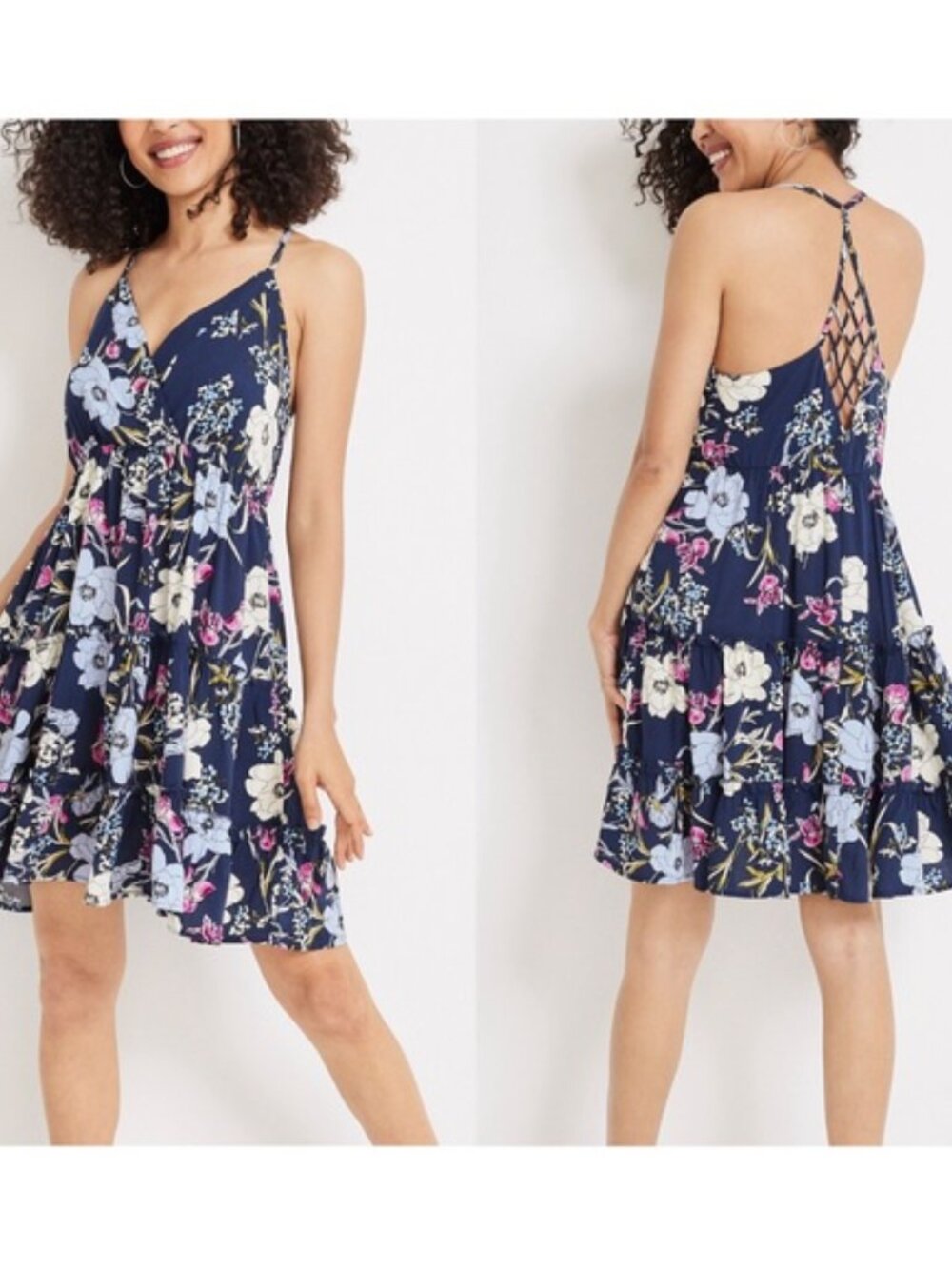 Maurices Racerback Knee-Length Skater DressNavy Blue w/ Floral Accents Size L